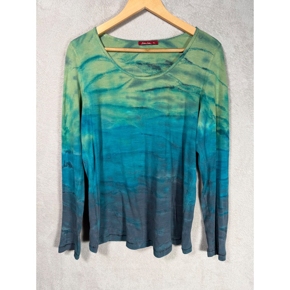 Barbara Lesser Green Blue Ombre Tie Dye Cotton Rib Long Sleeve Top Womens XL